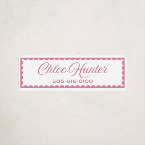 This is a hibiscus name labels with standard by Alexandra Cohn called scalloped trim printing on waterproof sticker paper in sticker