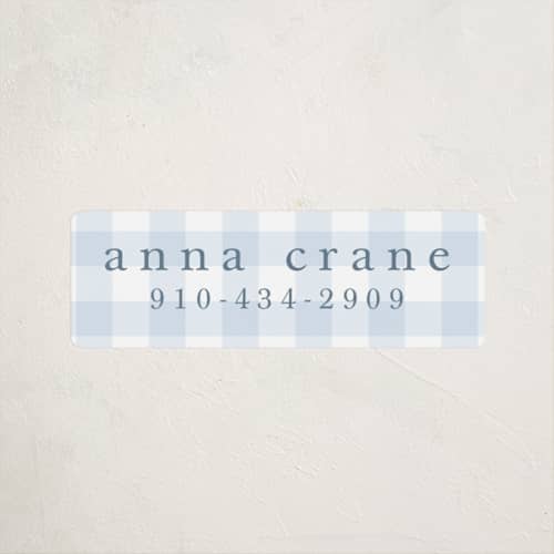 This is a bluebell name labels with standard by Stacey Meacham called gingham printing on waterproof sticker paper in sticker