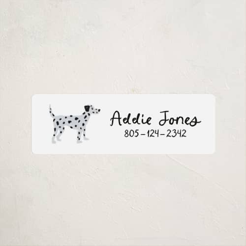 This is a tire name labels with standard by Laura Bercovich called dalmation pup printing on waterproof sticker paper in sticker