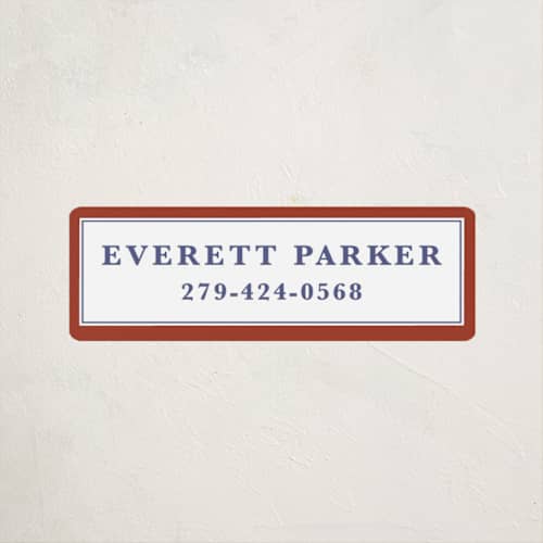 This is a maroon name labels with standard by Kat Roberts called a perfect gentleman printing on waterproof sticker paper in sticker