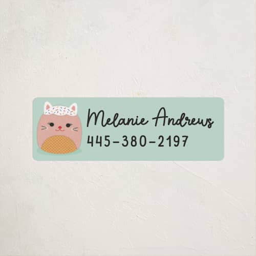 This is a mint name labels with standard by Erica Krystek called hugs & squishes printing on waterproof sticker paper in sticker