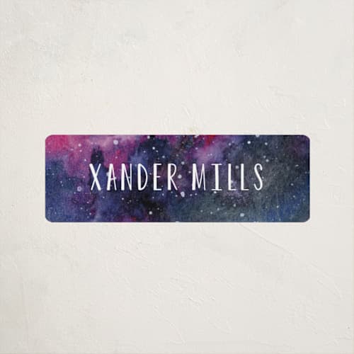 This is a magenta name labels with standard by Angela Garrick called stellar printing on waterproof sticker paper in sticker