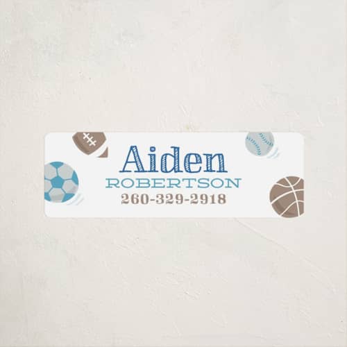 This is a indigo name labels with standard by Jessie Steury called ballgame printing on waterproof sticker paper in sticker