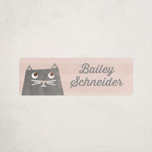 This is a blush name labels with standard by Shirley Lin Schneider called the cat's meow printing on waterproof sticker paper in sticker