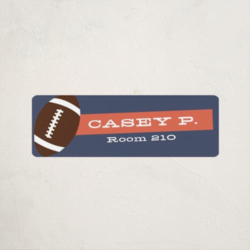 This is a navy name labels with standard by Abby Munn called hey sporty printing on waterproof sticker paper in sticker