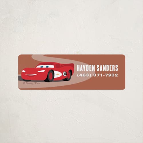 This is a red rock name labels with standard by Jill Means called lightning mcqueen route 66 from disney and pixar's cars printing on waterproof sticker paper in sticker