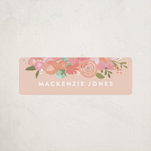 This is a peach name labels with standard by Jennifer Wick called blooming peonies printing on waterproof sticker paper in sticker