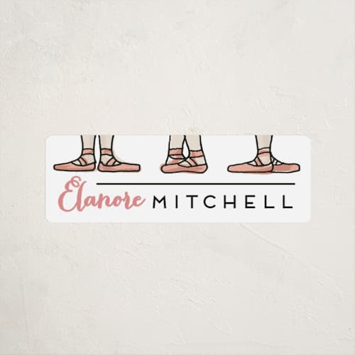 This is a think pink name labels with standard by Shiny Penny Studio called ballet feet printing on waterproof sticker paper in sticker