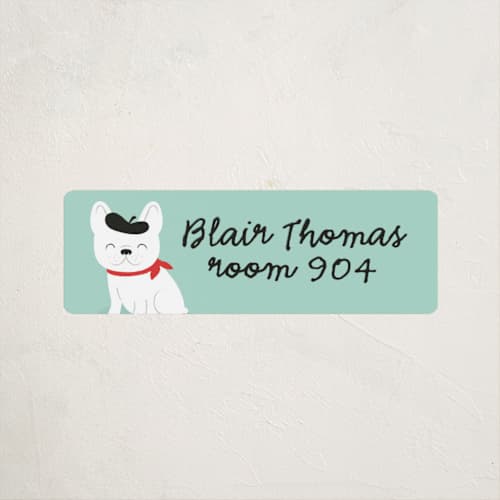 This is a mint name labels with standard by Susan Asbill called frenchie printing on waterproof sticker paper in sticker
