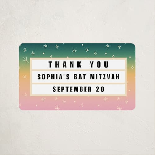 This is a peony kids stickers with standard by Becky Nimoy called bat mitzvah theatre marquee printing on uncoated sticker paper in sticker
