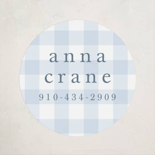 This is a bluebell name labels with standard by Stacey Meacham called gingham printing on waterproof sticker paper in sticker