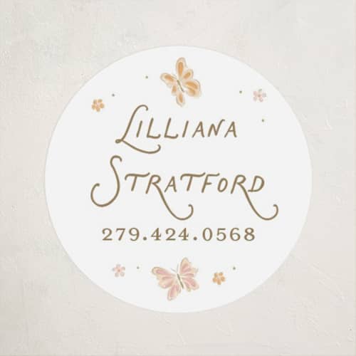 This is a flutter name labels with standard by Erin German called butterflies printing on waterproof sticker paper in sticker