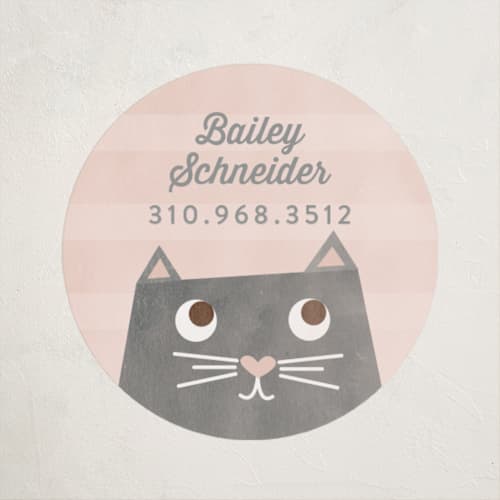 This is a blush name labels with standard by Shirley Lin Schneider called the cat's meow printing on waterproof sticker paper in sticker