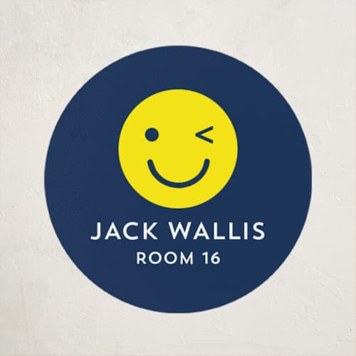 This is a navy name labels with standard by Baumbirdy called emoji party printing on waterproof sticker paper in sticker