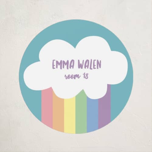 This is a clear skies name labels with standard by Dawn Jasper called making rainbows printing on waterproof sticker paper in sticker