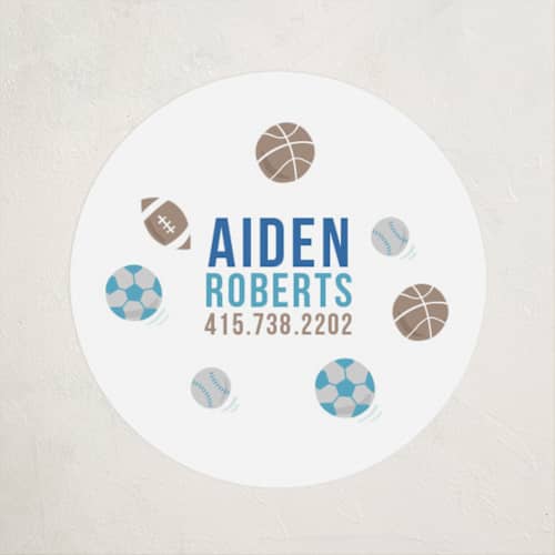 This is a indigo name labels with standard by Jessie Steury called ballgame printing on waterproof sticker paper in sticker