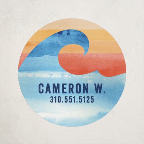 This is a turquoise name labels with standard by Shirley Lin Schneider called surfs up printing on waterproof sticker paper in sticker