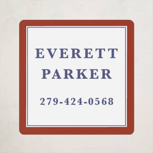 This is a maroon name labels with standard by Kat Roberts called a perfect gentleman printing on waterproof sticker paper in sticker