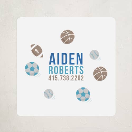 This is a indigo name labels with standard by Jessie Steury called ballgame printing on waterproof sticker paper in sticker