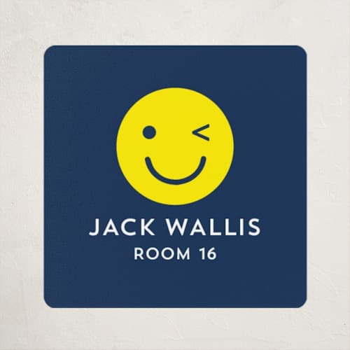 This is a navy name labels with standard by Baumbirdy called emoji party printing on waterproof sticker paper in sticker