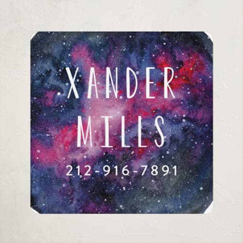 This is a magenta name labels with standard by Angela Garrick called stellar printing on waterproof sticker paper in sticker