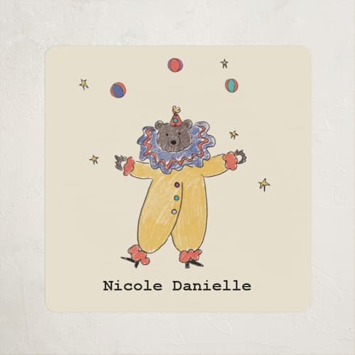 This is a crimson baby shower favor labels with standard by Noun New York called illustrated circus theme with juggling bear printing on uncoated sticker paper in sticker