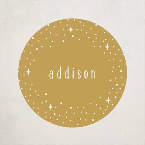 This is a gold kids stickers with standard by Angela Garrick called pixie printing on uncoated sticker paper in sticker