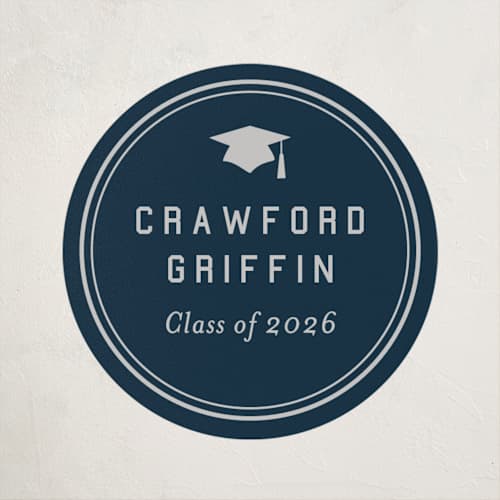 This is a navy custom stickers with standard by Sarah Curry called grad ribbon printing on uncoated sticker paper in sticker