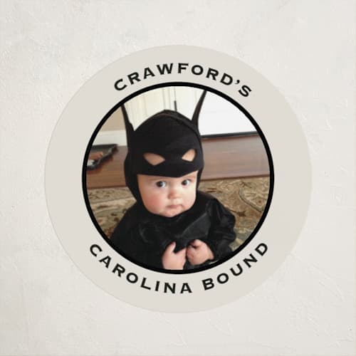 This is a tuxedo custom stickers with standard by Megan Davis called commence printing on uncoated sticker paper in sticker