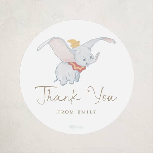 This is a pearl baby shower favor labels with standard by Teju Reval called disney's dumbo come one come all printing on uncoated sticker paper in sticker