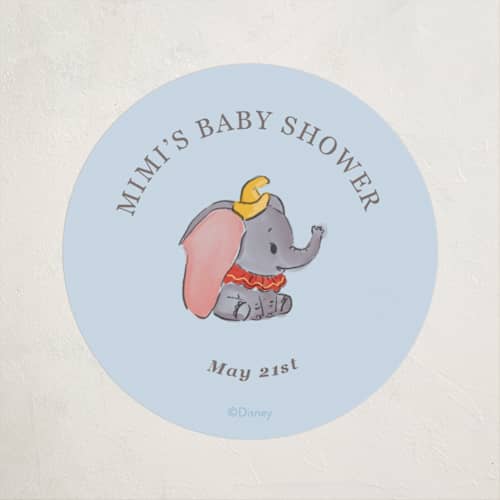This is a elephant baby shower favor labels with standard by Corinne Malesic called disney's dumbo circus printing on uncoated sticker paper in sticker