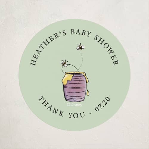 This is a sky baby shower favor labels with standard by Becky Nimoy called disney's winnie the pooh in the wood printing on uncoated sticker paper in sticker