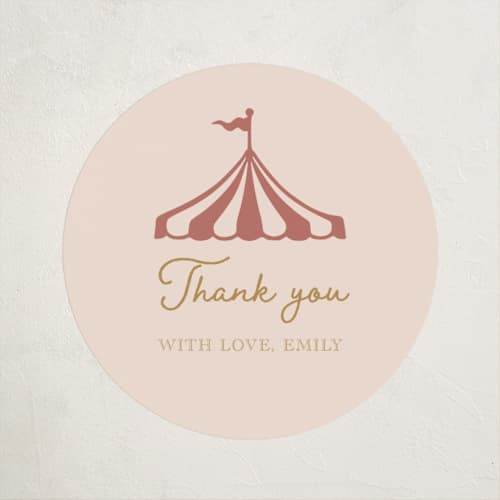 This is a mustard baby shower favor labels with standard by Rina Ozum called little circus printing on uncoated sticker paper in sticker