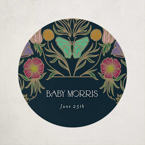 This is a midnight garden baby shower favor labels with standard by Simona Camp called gilded tapestry printing on uncoated sticker paper in sticker