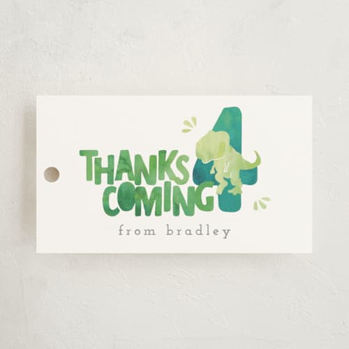 This is a lime kids gift tags with standard by Cindy Denning called dino party printing on signature in tag