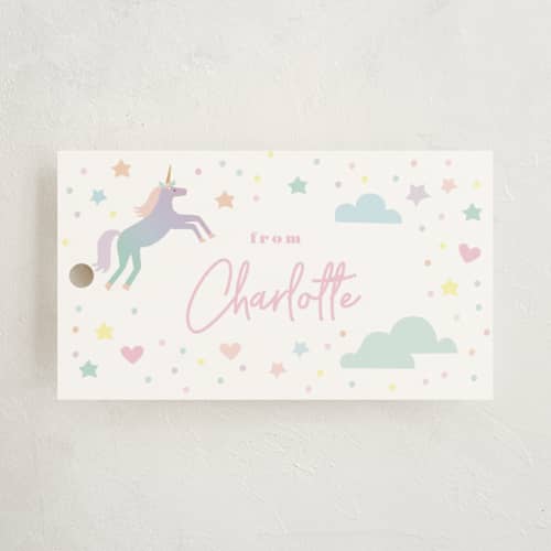 This is a bubblegum kids gift tags with standard by Jennifer Wick called unicorn dreams printing on signature in tag