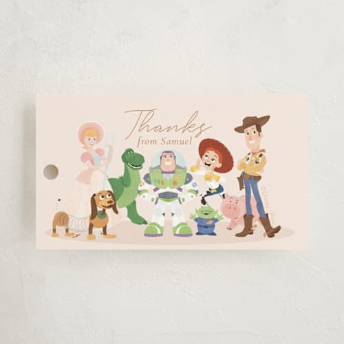 This is a taupe kids gift tags with standard by Sabrin Deirani called disney's and pixar toy story friends printing on signature in tag