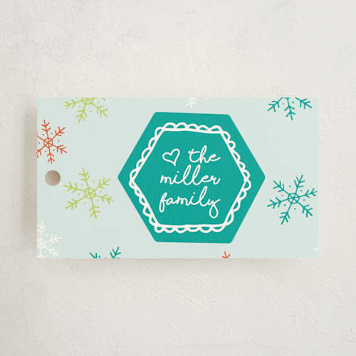 This is a modern gift tags with standard by Sara Curtis called hexie snowflake printing on signature in tag