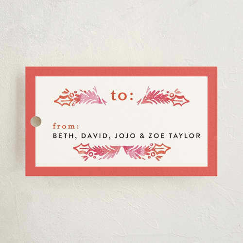 This is a tangerine gift tags with standard by Alethea and Ruth called painted pine leaves printing on signature in tag