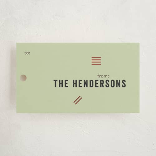This is a mint gift tags with standard by Kimberly Young called festive hashmarks printing on signature in tag
