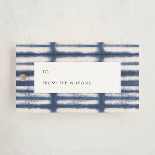 This is a navy gift tags with standard by Creo Study called shibori lines printing on signature in tag