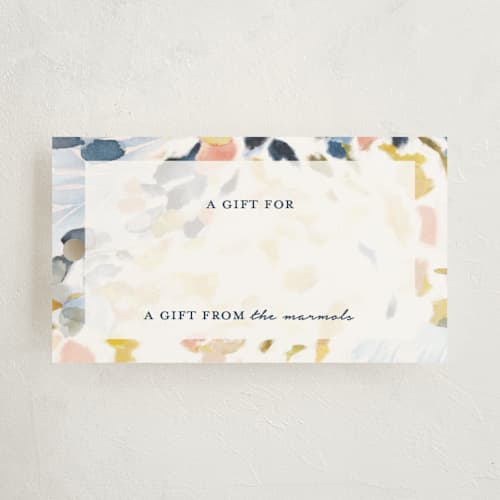 This is a marine blue gift tags with standard by Mya Bessette called chasing light printing on signature in tag