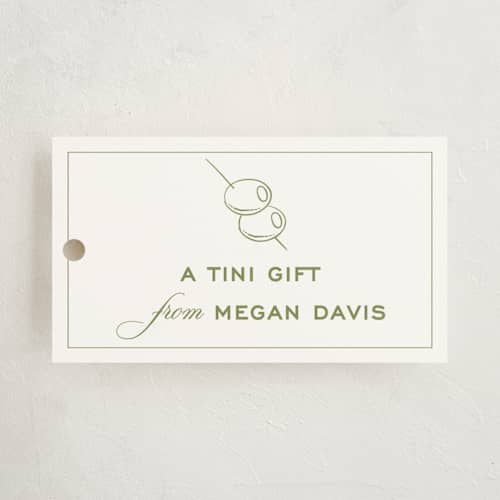 This is a olive gift tags with standard by Megan Davis called dirty martini printing on signature in tag