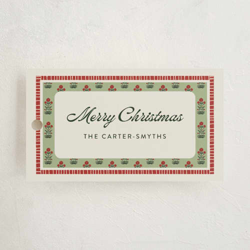 This is a sage gift tags with standard by Lottie Aldarwish called blockprint printing on signature in tag