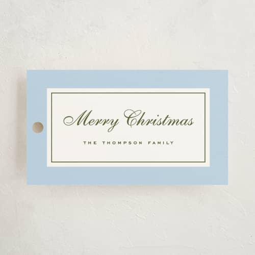 This is a blue spruce gift tags with standard by Wildfield Paper Co called sage printing on signature in tag