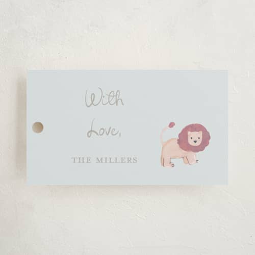 This is a sky gift tags with standard by Teju Reval called safari friends printing on signature in tag