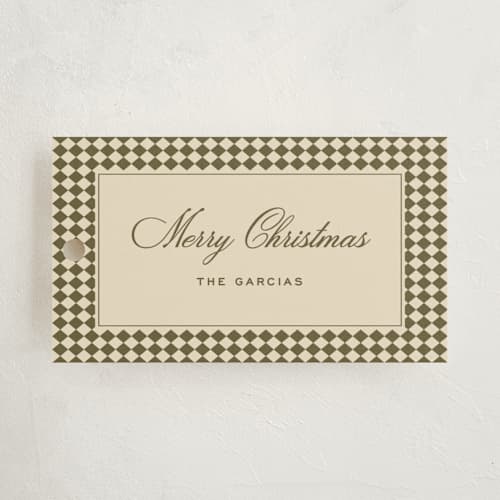 This is a olive gift tags with standard by Ellen Schlegelmilch called mini argyle printing on signature in tag