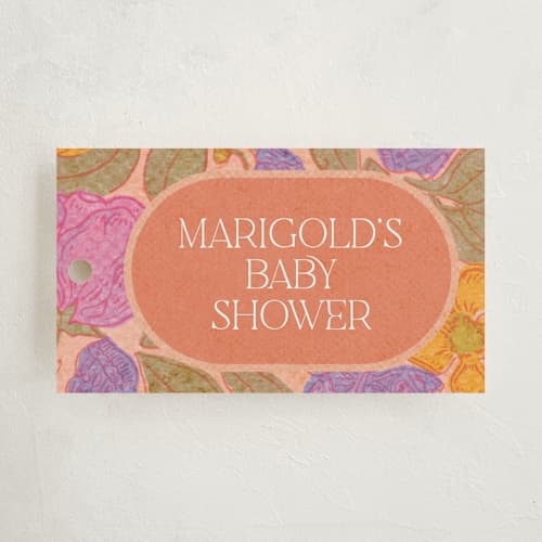 This is a peach baby shower favor tags with standard by Simona Camp called vintage garden printing on signature in tag