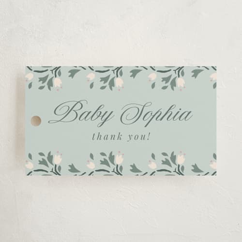 This is a sage baby shower favor tags with standard by Ana de Sousa called little love story printing on signature in tag