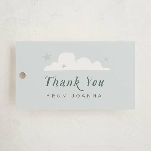 This is a powder baby shower favor tags with standard by Hannah Williams called little explorer printing on signature in tag